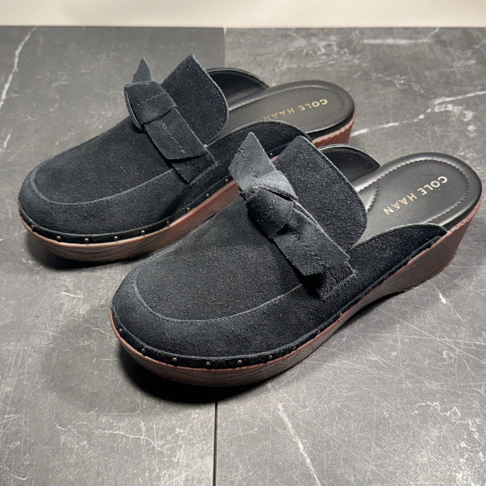 Womens Cole Haan Clogs | Size 7.5 | Black Suede Bow Platform Clog Mules